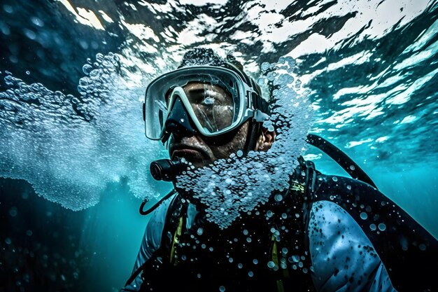 Foto buzo masculino bajo el agua red neuronal generada por ia