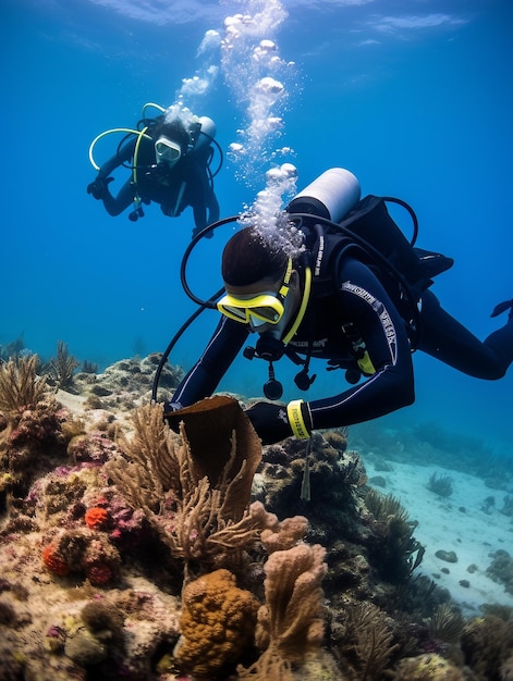 Foto buzo mirando un arrecife de coral en el mar rojo