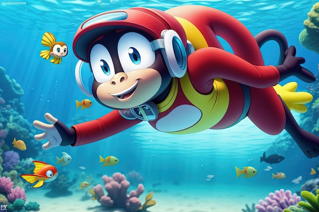 Un buzo mono buceando bajo el agua Ilustración de dibujos animados generativa ai