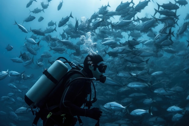 Un buzo nada entre un banco de peces IA generativa