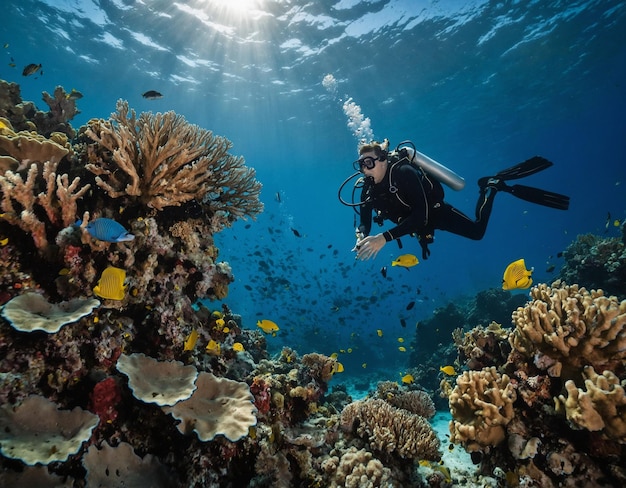 un buzo nada sobre un arrecife de coral con un buzo y otros peces coloridos