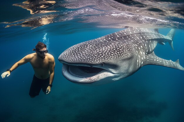 Foto un buzo observando bajo el agua a una majestuosa ballena jorobada