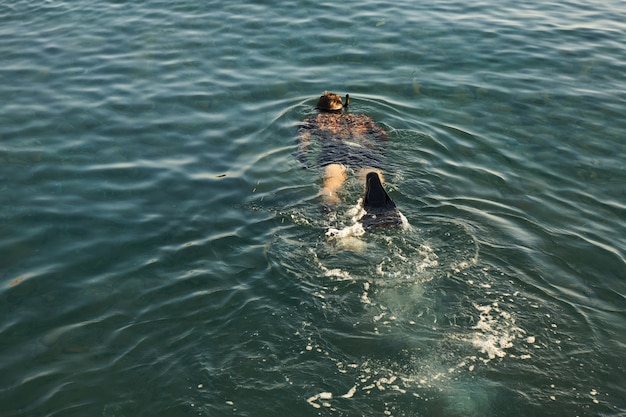 Buzo con una pistola de lanza flotando en la superficie del mar