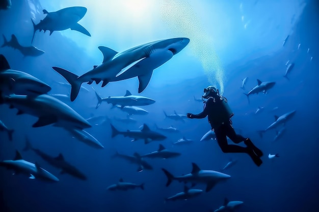 Un buzo en un tanque de tiburones con un buzo al fondo.