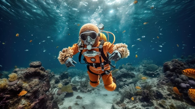 Un buzo con traje naranja nada bajo el agua.