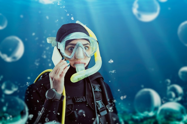 Buzo en traje de neopreno y equipo de buceo, vista submarina