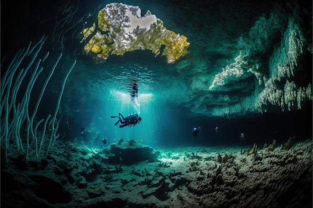 Buzos cerca del hermoso arrecife de coral rodeado de bancos de coloridos peces IA generativa