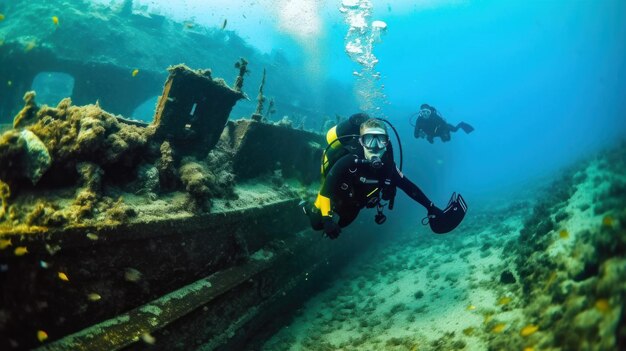 Los buzos exploran un naufragio submarino en aguas cristalinas