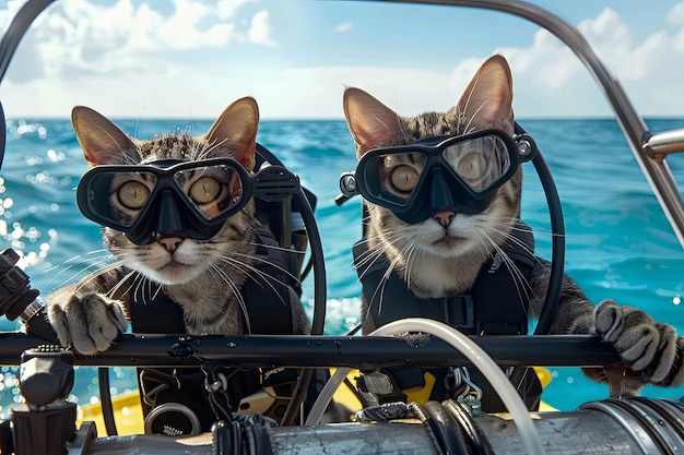 buzos de gatos con máscara y equipo