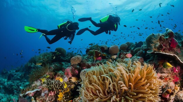 Los buzos nadan sobre el arrecife de coral vivo lleno de peces y anémonas marinas