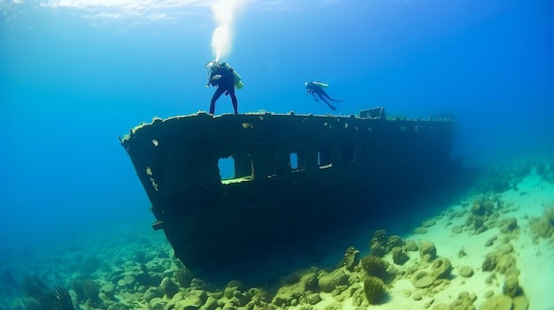 Los buzos nadando cerca de un naufragio hundido en el mar explorando las profundidades del mar