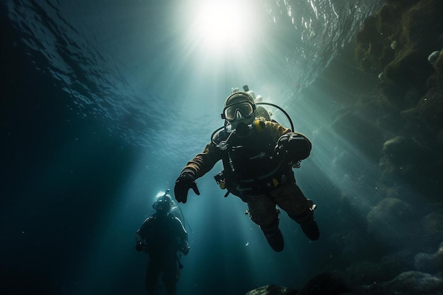 buzos nadando bajo una cueva con el sol brillando a través del agua.