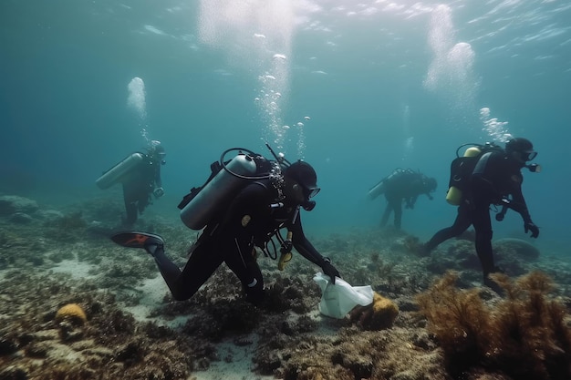 Buzos recogiendo basura y plástico del fondo del mar