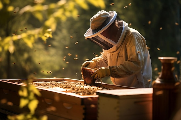 Buzzing Harmony Apicultor cuidando abejas en apiario generativo por Ai