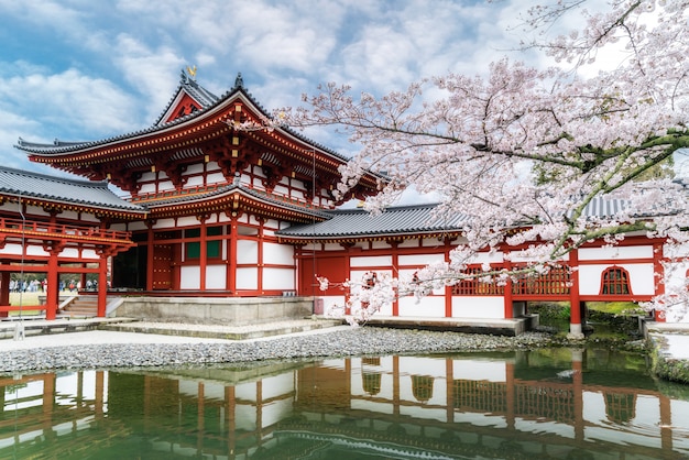 Byodo-no templo em Uji, Kyoto, Japão durante a primavera. Flor de cerejeira em Kyoto, Japão.