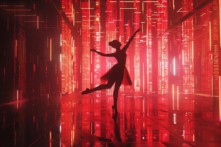 Foto byte ballet bailando a través del paisaje digital