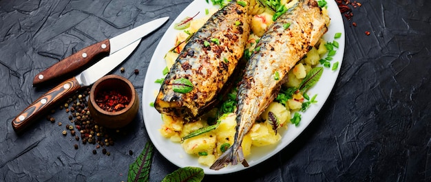 Caballa asada con patatas hervidas Scomber al horno con verde