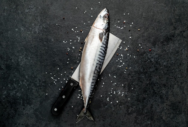 Caballa de pescado crudo fresco en un cuchillo con especias sobre un fondo de piedra