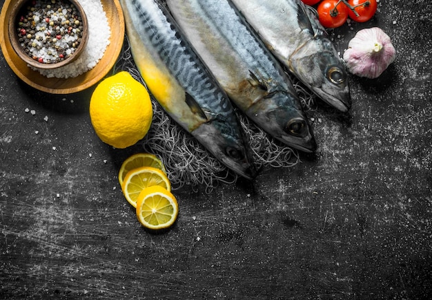 Caballa de pescado fresco en una red de pesca con tomates, ajo, limón y especias