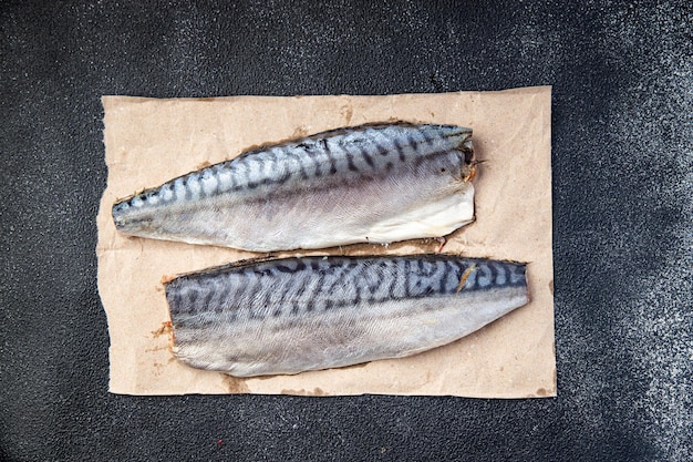 Foto caballa pescado mariscos comida sana fresca comida dieta bocadillo en la mesa espacio de copia fondo de alimentos