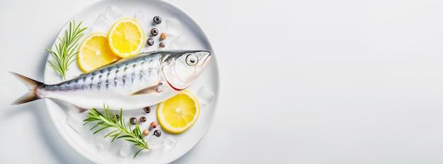 Caballa con rodajas de limón, especias y cubitos de hielo en un plato blanco sobre una mesa blanca