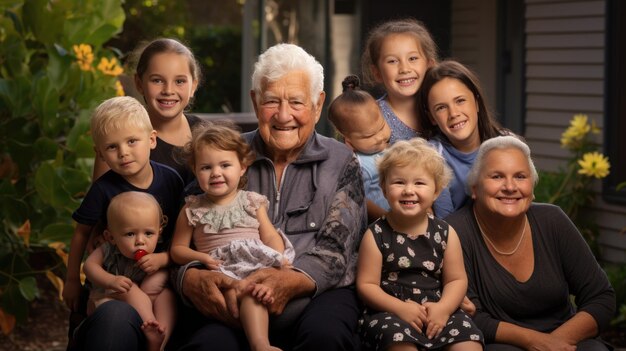 Un caballero anciano está sentado en un sofá con cuatro niños pequeños, probablemente sus nietos, todos sonriendo y posando para un retrato familiar en un ambiente hogareño acogedor.