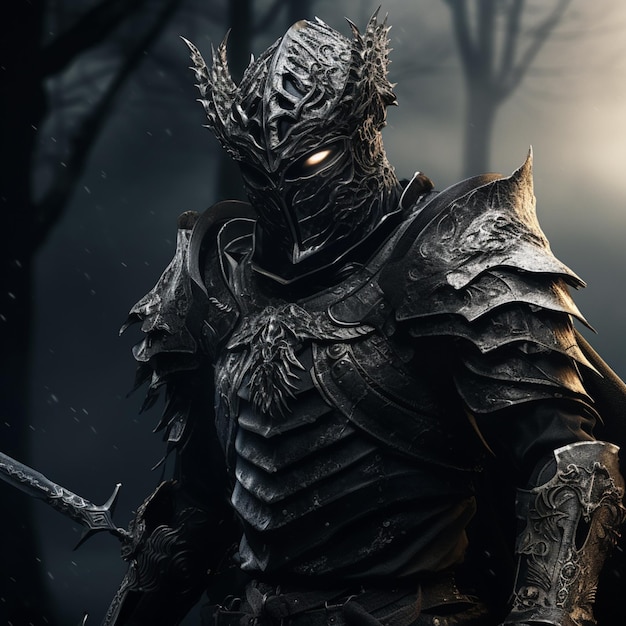 caballero arafed en la armadura con una espada en un bosque oscuro generativo ai