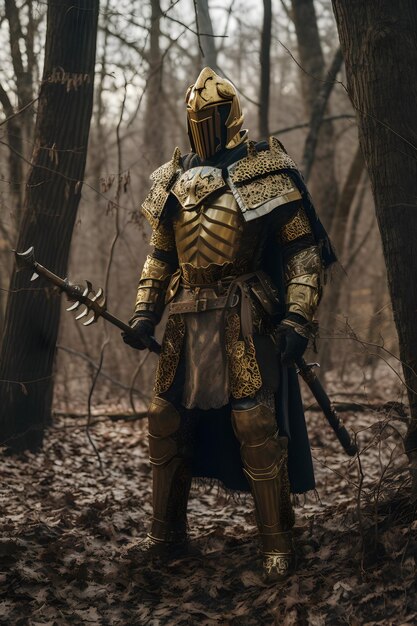 Un caballero con una armadura dorada se para en el bosque.