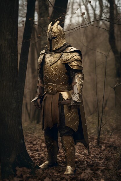 Foto un caballero con una armadura dorada se para en un bosque.