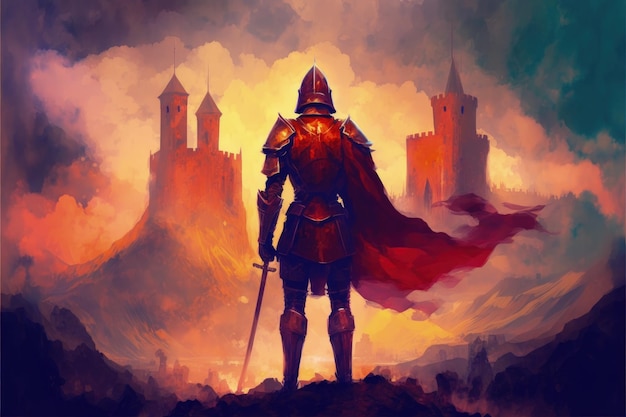 Caballero con armadura roja de pie ante un castillo fantástico en medio de un cielo nublado anaranjado Concepto de fantasía Pintura de ilustración IA generativa