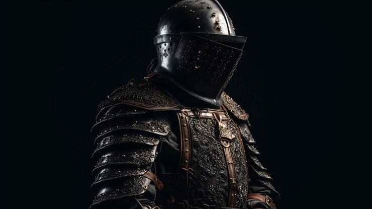 Caballero con armadura sobre un fondo negro Retrato de un guerrero medieval generativo ai