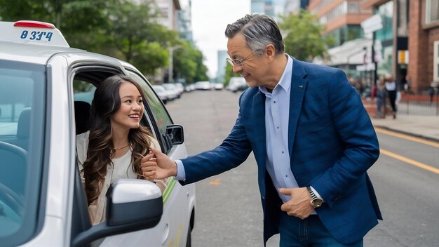 Un caballero ayudando a una joven a salir del taxi.