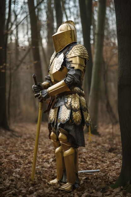 Foto un caballero en un bosque con una espada.