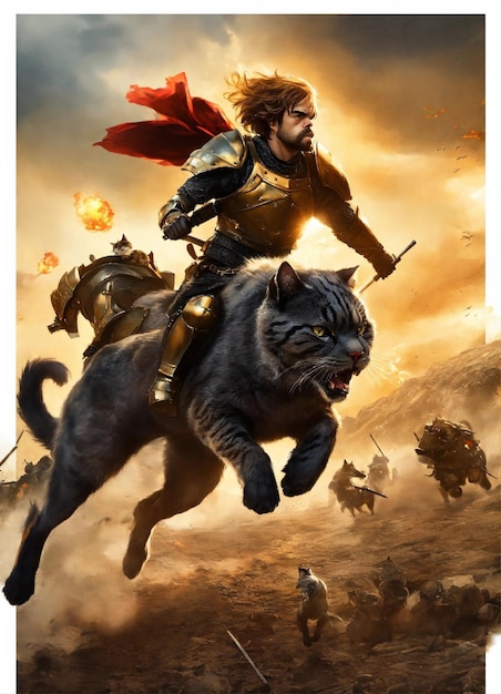 Foto un caballero en un caballo con una espada y un león en la espalda