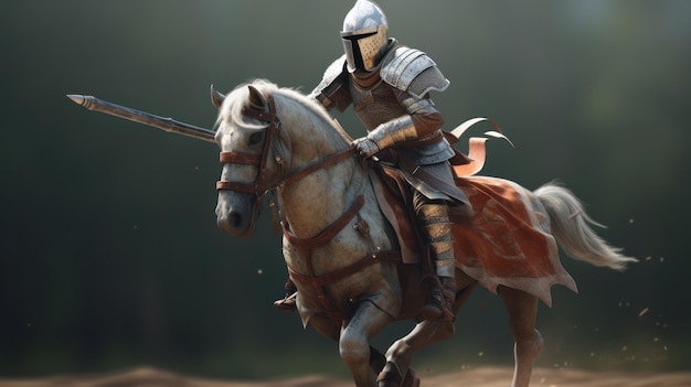Un caballero a caballo con una espada en la mano.