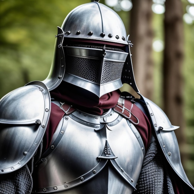 Un caballero con casco se para frente a un bosque.