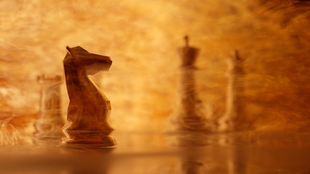 Caballero de cristal en un piso de vidrio en un tablero de ajedrez en llamas borroso Rendering 3D