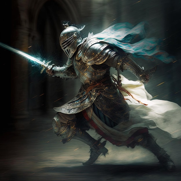 un caballero con una espada y una armadura con una espada en la mano