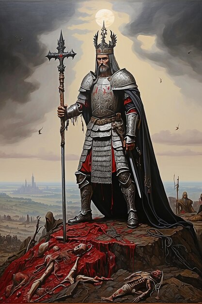 Caballero con espada en el campo de batalla con nubes oscuras sangre y dolor de la guerra
