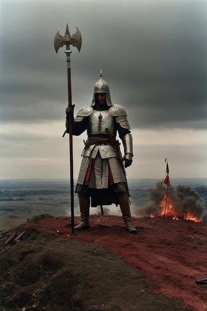 Caballero con espada en el campo de batalla con nubes oscuras sangre y dolor de la guerra