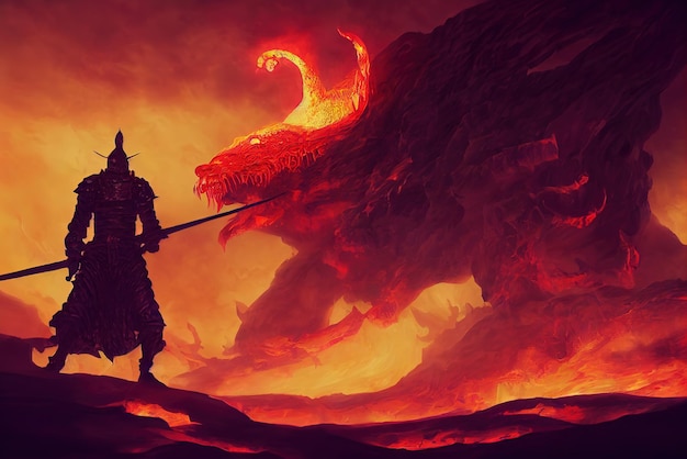 Caballero con una espada frente al demonio de lava en el infierno Arte conceptual Pintura digital Ilustración de fantasía