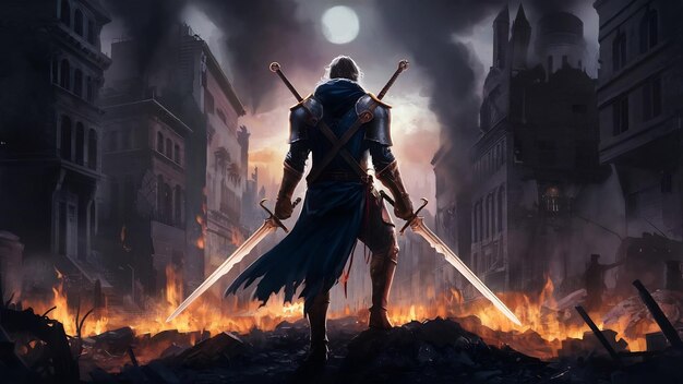 Foto caballero con espadas gemelas de pie en los escombros de una ciudad quemada ilustración de estilo de arte digital pai