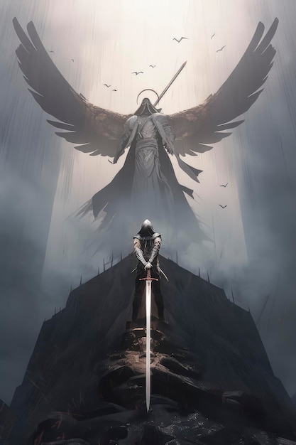 Un caballero se para frente a un ángel gigante con la palabra ángel encima de él.