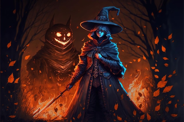 El caballero frente a una bruja con poderes malignos estilo de arte digital ilustración pintura concepto de fantasía de un caballero en la batalla con la bruja