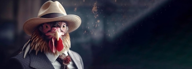 Caballero gallo con traje, corbata, sombrero y gafas sobre fondo negro Maqueta de banner de encabezado con copia