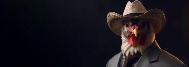 Un caballero de gallo con un traje, corbata, sombrero y gafas sobre un fondo negro.