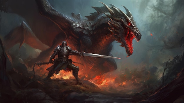 Caballero luchando contra un dragón Concepto de fantasía Ilustración pintura IA generativa