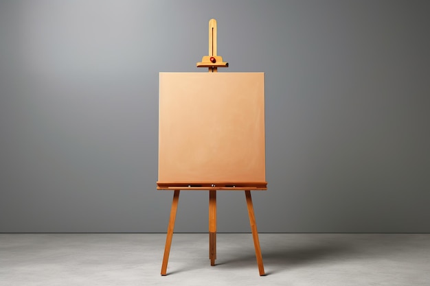 Caballero de madera con lienzo en blanco sobre fondo gris