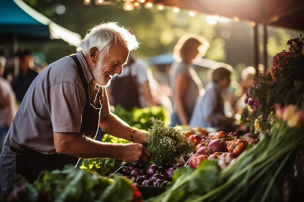 Un caballero mayor en el mercado de los agricultores