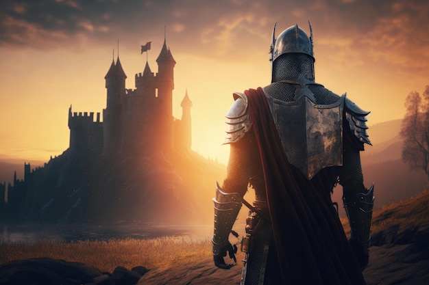 Caballero medieval con armadura y castillo al fondo paisaje medieval con caballero al atardecer AI